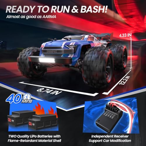 DEERC Fast Brushless RC Car for Adults, Max 42mph with 3S(not included), 1:16 4x4 High Speed RC Truck with 2 Lipo Batteries,All Terrains RC Monster Truck, Off Road Electric Vehicle Gift