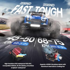 DEERC Fast Brushless RC Car for Adults, Max 42mph with 3S(not included), 1:16 4x4 High Speed RC Truck with 2 Lipo Batteries,All Terrains RC Monster Truck, Off Road Electric Vehicle Gift