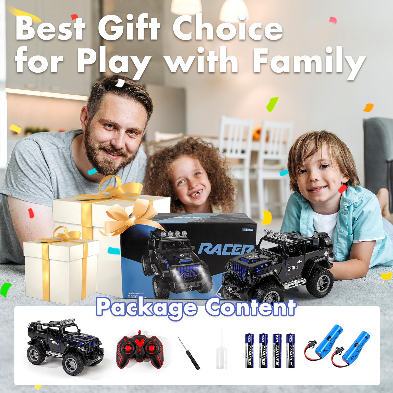 FUUY Remote Control Jeep Car for Boys with Spray & Music, RC Jeep Car Toys with Spade & 2 Batteries for 50Min Play, RC Cars for Kids Gifts Age 6+