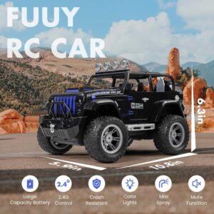 FUUY Remote Control Jeep Car for Boys with Spray & Music, RC Jeep Car Toys with Spade & 2 Batteries for 50Min Play, RC Cars for Kids Gifts Age 6+