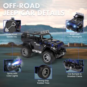 FUUY Remote Control Jeep Car for Boys with Spray & Music, RC Jeep Car Toys with Spade & 2 Batteries for 50Min Play, RC Cars for Kids Gifts Age 6+