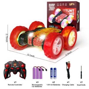 28℃ Remote Control Car Stunt RC Cars, 4WD Rechargeable RC Truck with Headlights Wheel Lights, Double Sided 360 Flips Stunt Toy Car for Kids Boys Girls 6 Year Old Christmas Birthday Gift (Orangered)