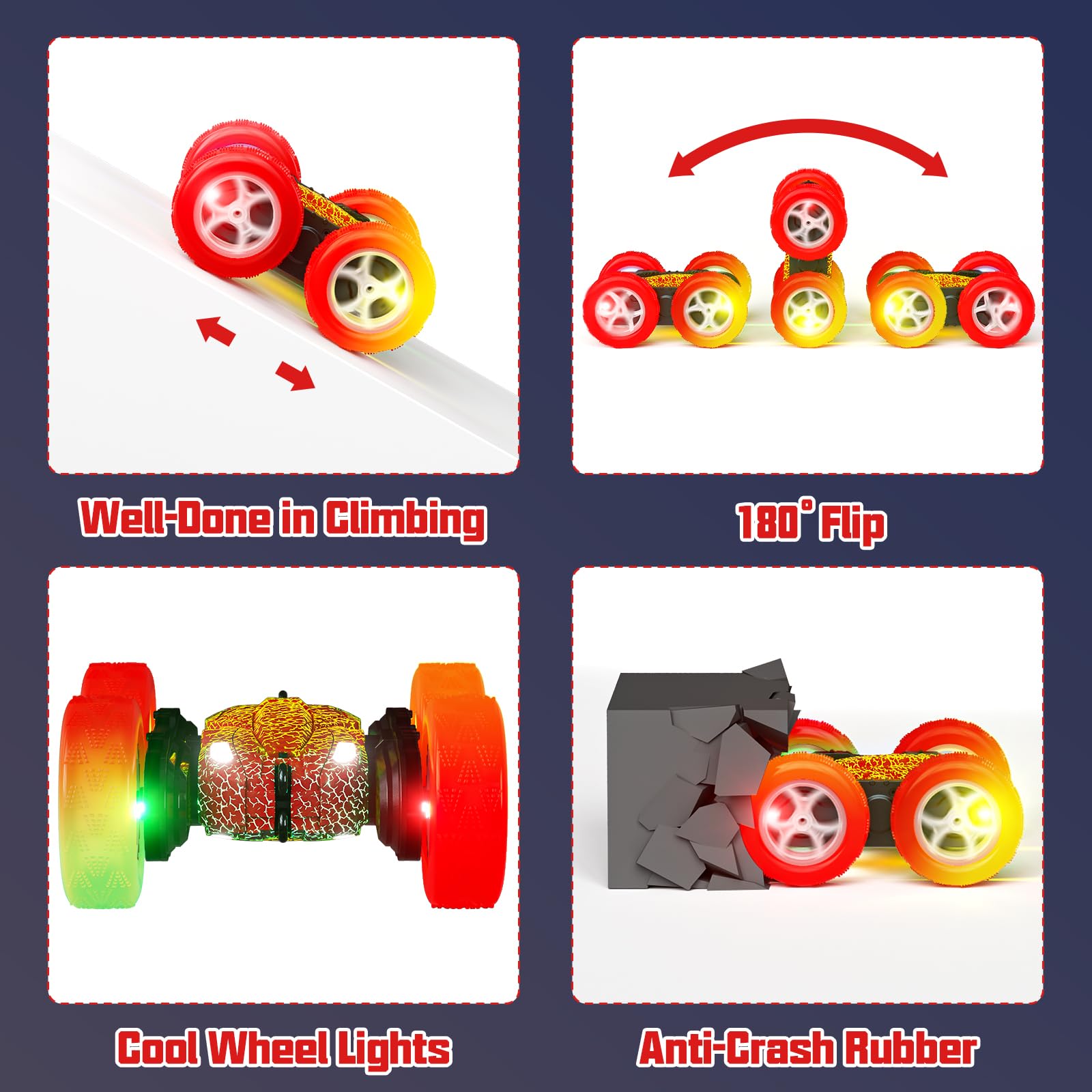 28℃ Remote Control Car Stunt RC Cars, 4WD Rechargeable RC Truck with Headlights Wheel Lights, Double Sided 360 Flips Stunt Toy Car for Kids Boys Girls 6 Year Old Christmas Birthday Gift (Orangered)