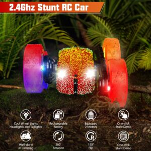 28℃ Remote Control Car Stunt RC Cars, 4WD Rechargeable RC Truck with Headlights Wheel Lights, Double Sided 360 Flips Stunt Toy Car for Kids Boys Girls 6 Year Old Christmas Birthday Gift (Orangered)