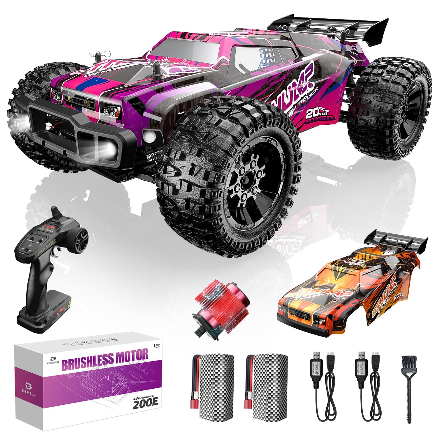 DEERC 200E 1:10 Large 3S Brushless High Speed RC Cars for Adults, 4X4 Fast RC Trucks W/Extra Shell LED Headlight, 60 KM/H, All Terrain Remote Control Car, Offroad Monster Truck for Boys,2 Battery