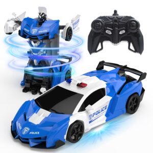 deerc transform remote control car,2.4ghz robot rc cars,1:18 scale police car toy one-button deformation & 360° rotating drifting for kids boys age 4-7 8-12 birthday xmas gift