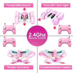 TRIPLEFINE Remote Control Car for Girls, LED Fast Stunt RC Car, 2.4GHz RC Cars, 4WD Double Side 360° Rotating Car Toys for 6 7 8 9 10 11 12 Girls Birthday(pink)