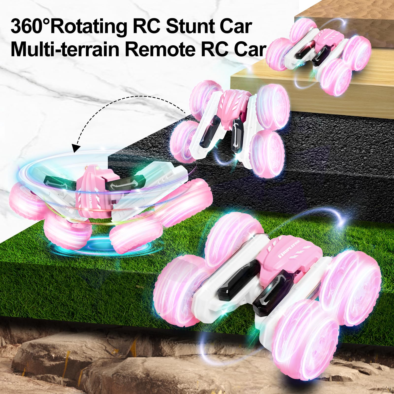 TRIPLEFINE Remote Control Car for Girls, LED Fast Stunt RC Car, 2.4GHz RC Cars, 4WD Double Side 360° Rotating Car Toys for 6 7 8 9 10 11 12 Girls Birthday(pink)