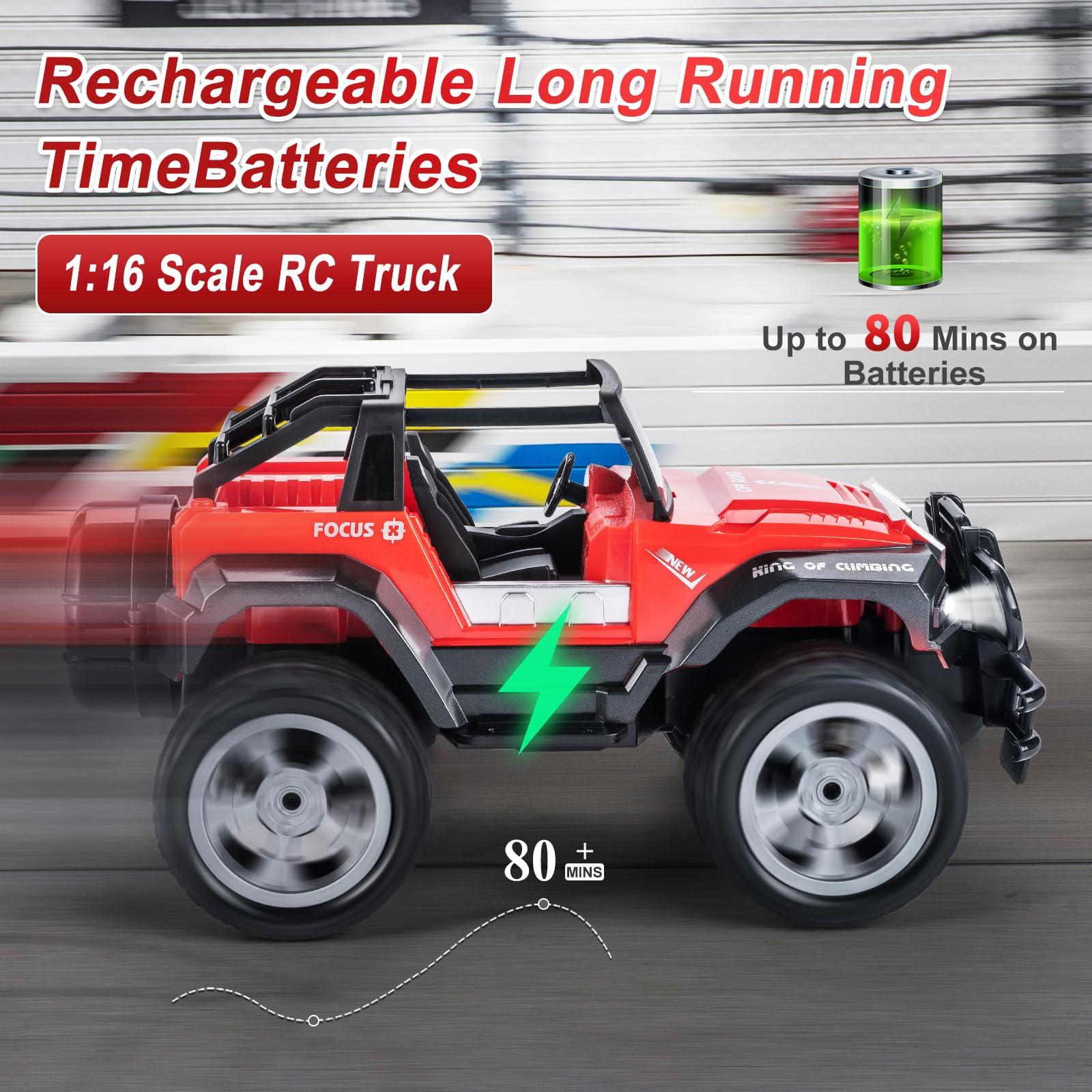 Carox Remote Control Car for Kids-1:16Remote Control Truck with Headlight and Storage Case-80mins Playtime RC Truck for All Terrain-Red Remote Control Jeep Toy for Boys Girls Kids (red)