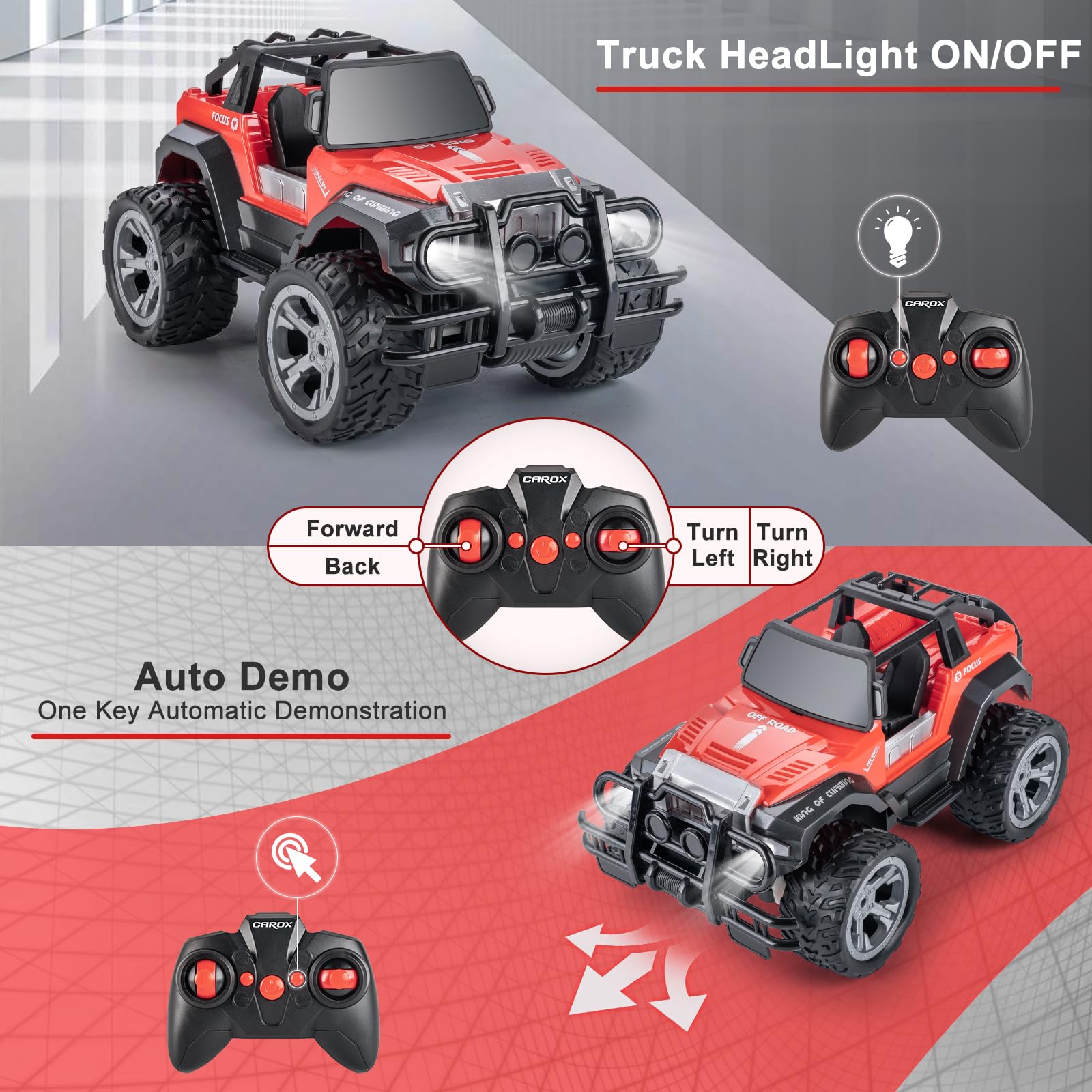 Carox Remote Control Car for Kids-1:16Remote Control Truck with Headlight and Storage Case-80mins Playtime RC Truck for All Terrain-Red Remote Control Jeep Toy for Boys Girls Kids (red)