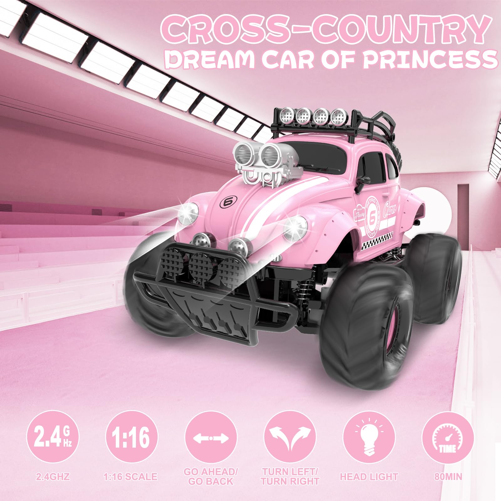 Carox Remote Control Car for Girls1:16 Scale-80 Mins Playtime Pink Classic Car with Cute LED Headlight for All Terrains-R/C Toys as Birthday for Girls (pink)