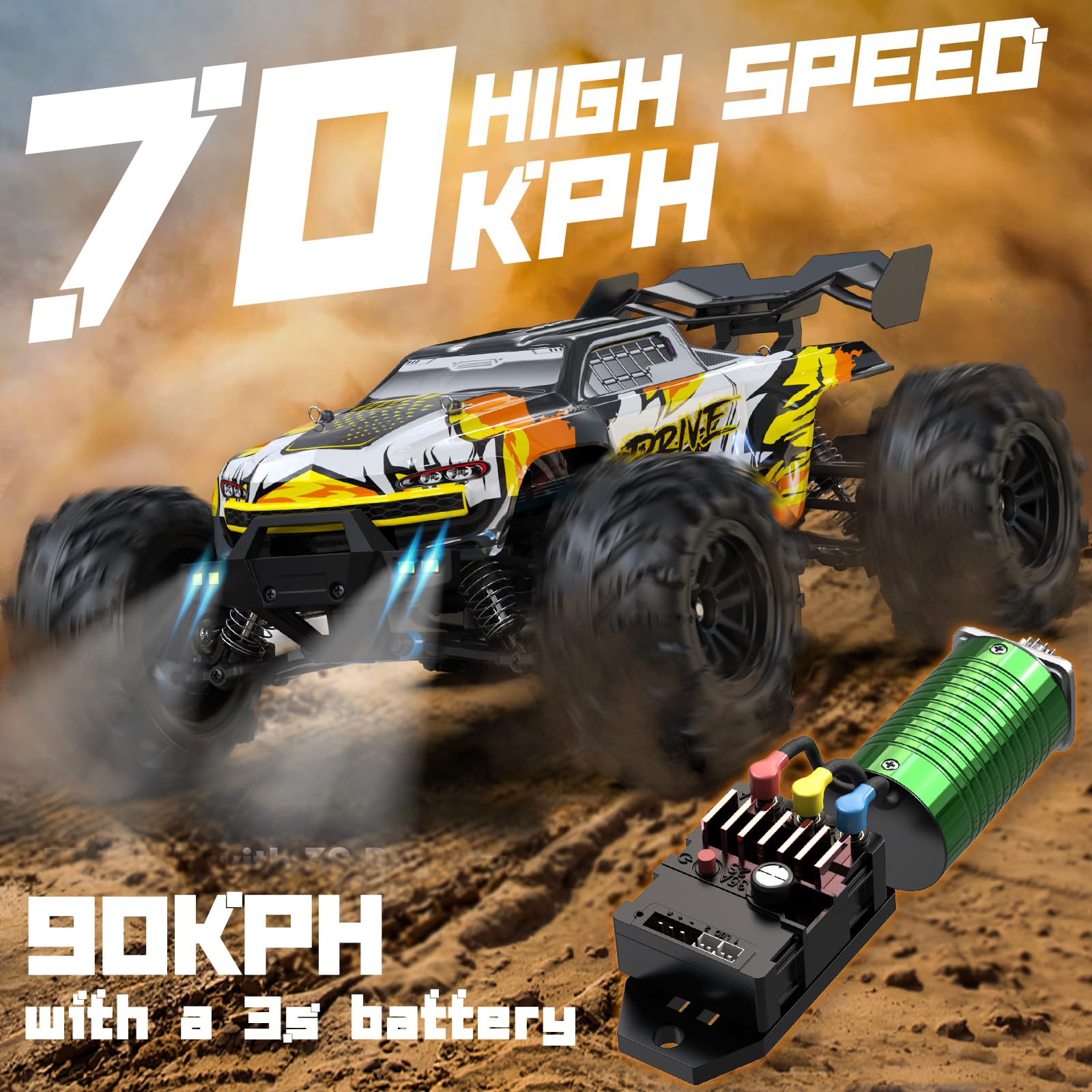 ScharkSpark Brushless RC Cars for Adults Fast 70 KPH, 4WD High Speed All Terrain RC Truck, Remote Control Car for Adults with 50 Min Runtime, 1:16 Offroad Monster Truck with Metal Parts & 2 Batteries