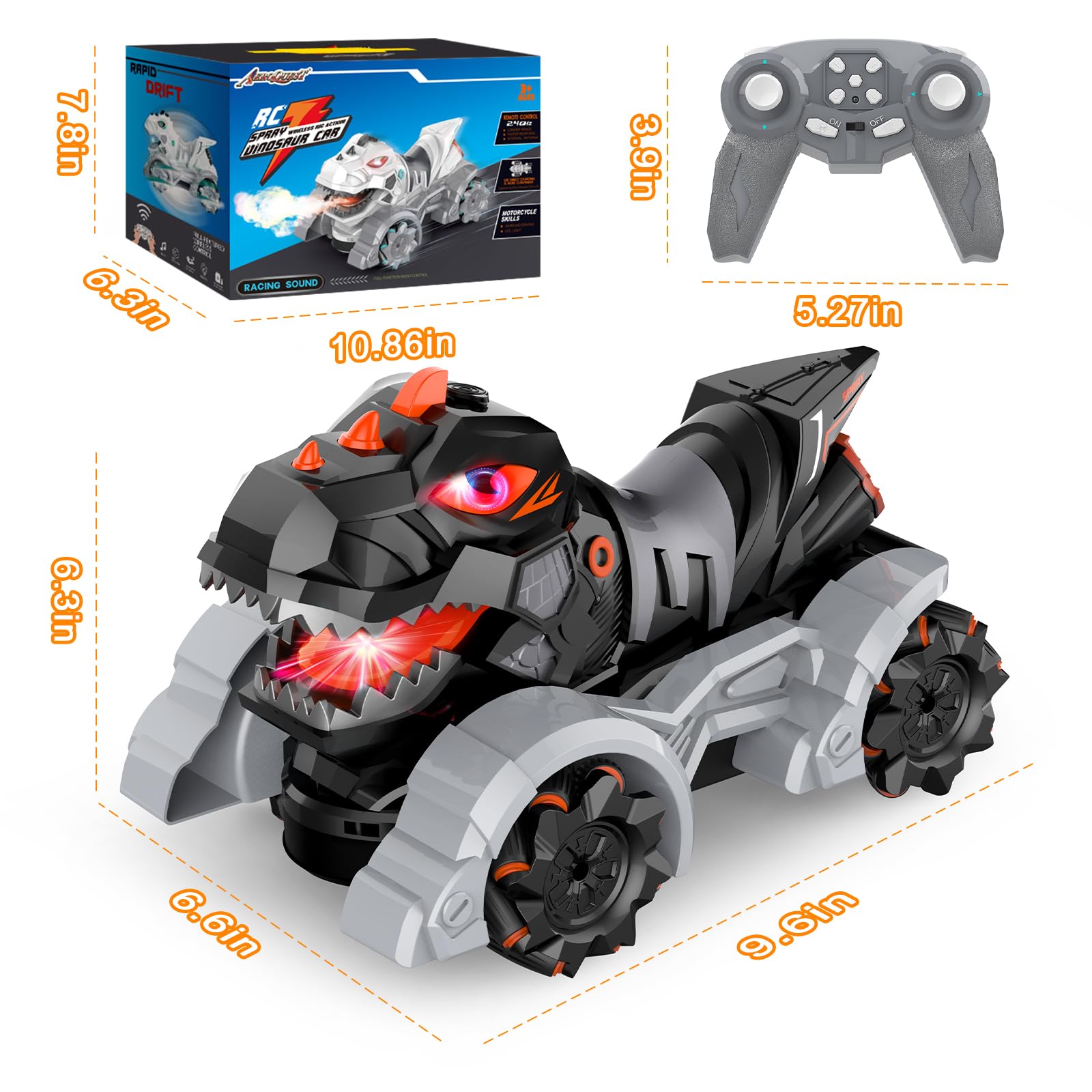 RC Cars Dinosaur Toys, 1:14 2.4 GHz Remote Control Car Monster Trucks With Light Music & Spray, 1200mAh Rechargeable RC Trucks Dinosaur Toys for Kids 5-7 8-12, Chrismas Gifts for Boys Kids (Black)