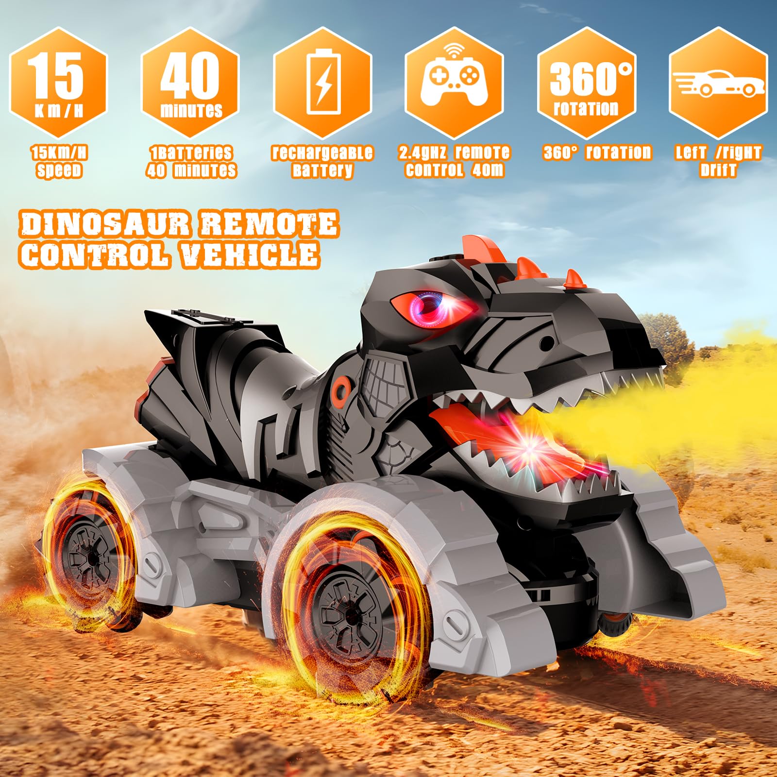 RC Cars Dinosaur Toys, 1:14 2.4 GHz Remote Control Car Monster Trucks With Light Music & Spray, 1200mAh Rechargeable RC Trucks Dinosaur Toys for Kids 5-7 8-12, Chrismas Gifts for Boys Kids (Black)