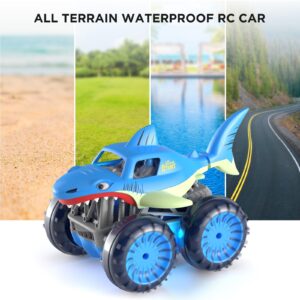 MaxTronic Amphibious Remote Control Car，Direct Charging Amphibious RC Cars with 2.4Ghz 4WD All Terrain Waterproof RC Shark Monster Truck Toys for Boys Girls 3-12 Years