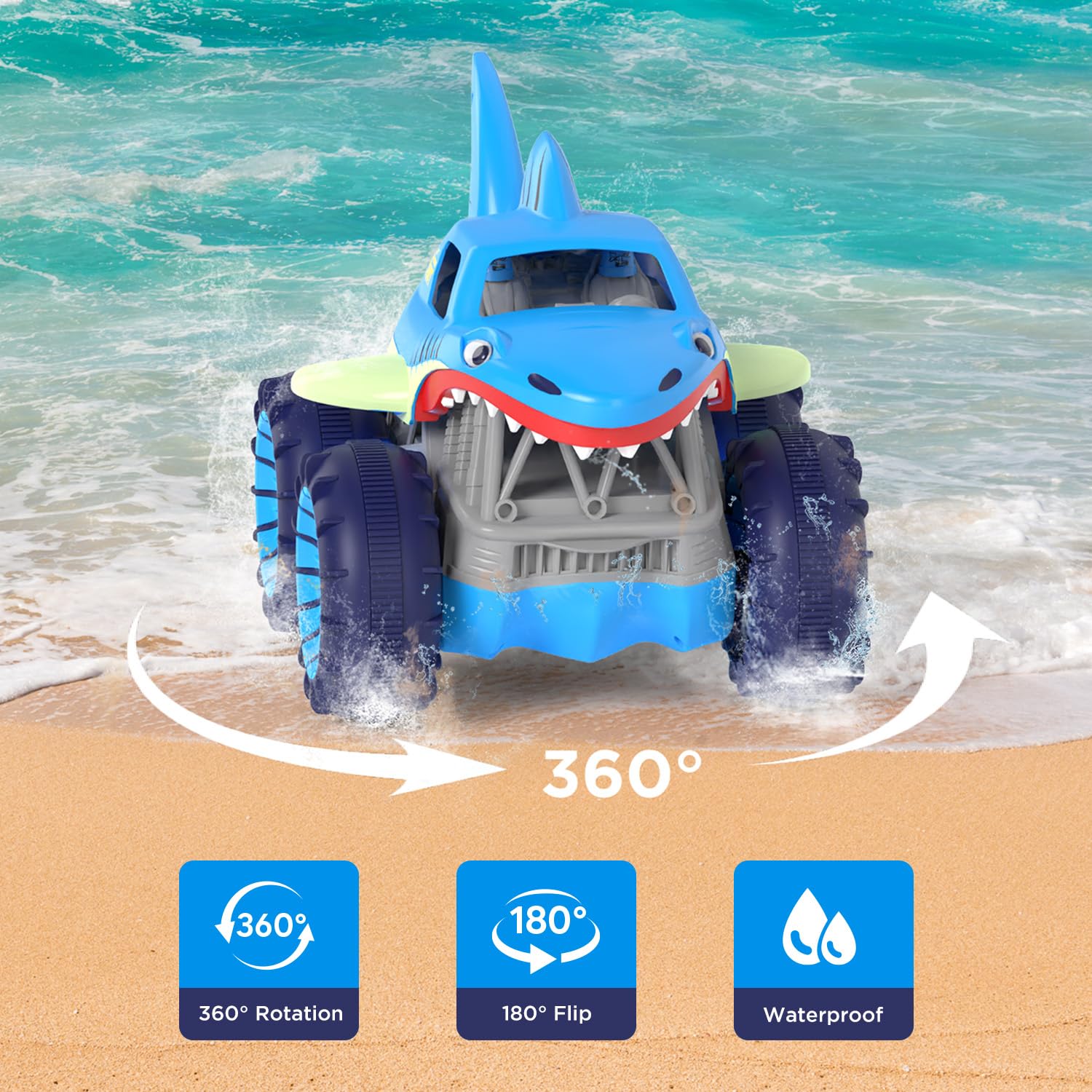 MaxTronic Amphibious Remote Control Car，Direct Charging Amphibious RC Cars with 2.4Ghz 4WD All Terrain Waterproof RC Shark Monster Truck Toys for Boys Girls 3-12 Years