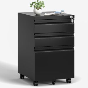 viyet 3 drawers mobile file cabinet, rolling file cabinet fully assembled under desk, metal filing cabinet with lock for home office organizer letters/legal/a4 (black)