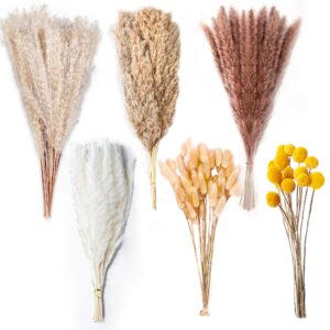 100pcs natural dried pampas grass decor - 17.5" fluffy pampas grass bouquet - boho home decor dried flowers for wedding floral room home party table decorations