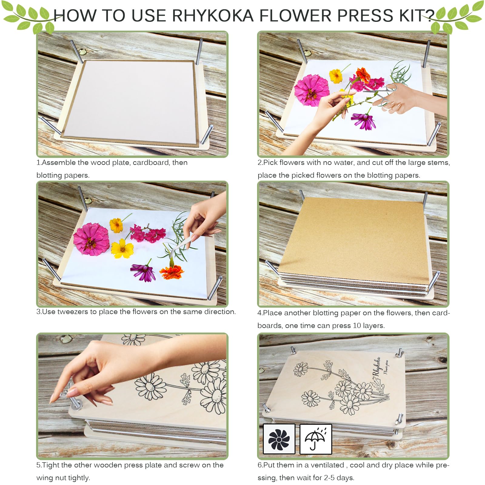 Rhykoka Large Flower Press Kit for Adults, 10 Layers 11.8 x 8.3 Inches DIY Wood Flower Leaf Plant Press Kit Flower Pressing Kit, Great Gift for DIY Arts and Crafts Lovers (Light Beige)