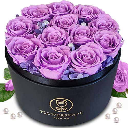 12 Forever Roses in a Box - Preserved Rose Bouquet - Valentines Mothers Day Anniversary Birthday Flowers for Women Mom Wife Girlfriend and Her (Round-Purple)