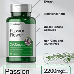 Passion Flower Capsules | 2200mg | 90 Count | Non-GMO & Gluten Free Extract Supplement | by Horbaach