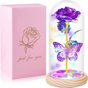 QUNPON Mothers Day Glass Rose Light Up Rose Gifts for Mom Women Birthday Gifts Colorful Rainbow Artificial Flower Rose Gift in A Glass Dome Valentines Mother's Day for Her Women