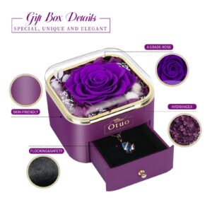 Otuo Preserved Roses Gift Jewerlry Box, Real Eternal Rose Flower with Necklace, Gifts for Girlfriend, Mom, Women, Wife, Birthday and Valentine's Day (Purple)