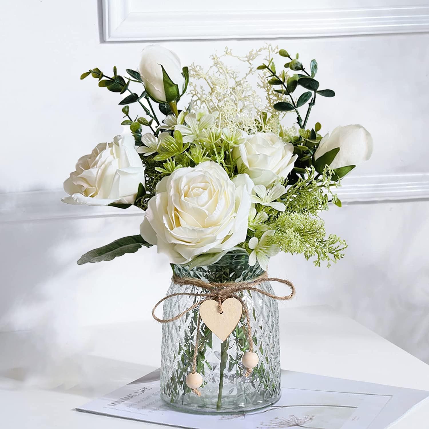 LADADA Fake Flowers with Vase, Silk Roses Artificial Flowers in Vase, Suitable for Wedding, Party, Home Decor.（Ivory）