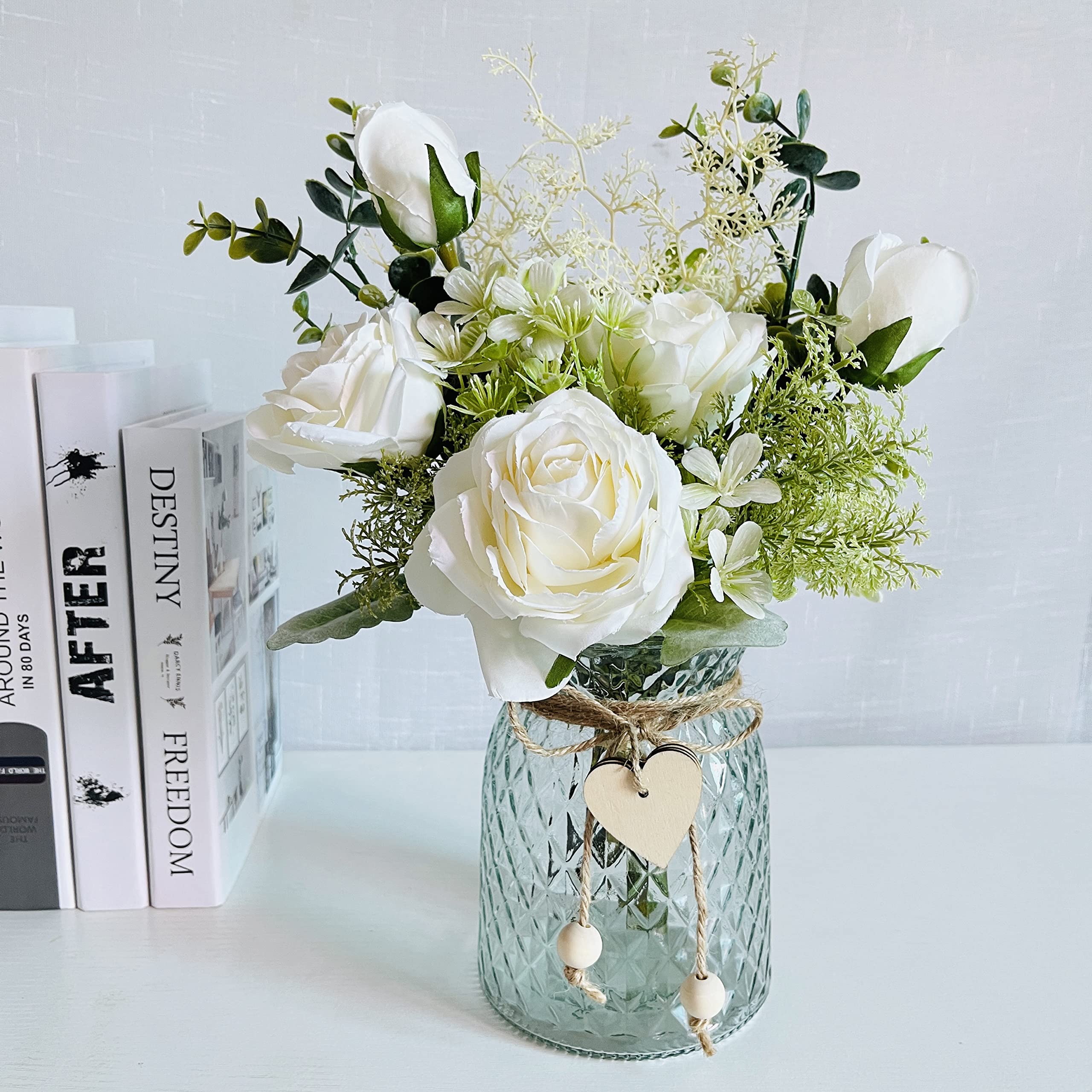 LADADA Fake Flowers with Vase, Silk Roses Artificial Flowers in Vase, Suitable for Wedding, Party, Home Decor.（Ivory）