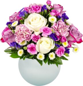 delivery by mon 8th july | rejuvenate | purple, white fresh flowers aquabloom arrangement with vase | arabella bouquets | flowers for delivery, birthday, congratulations | premium hydrated shipping