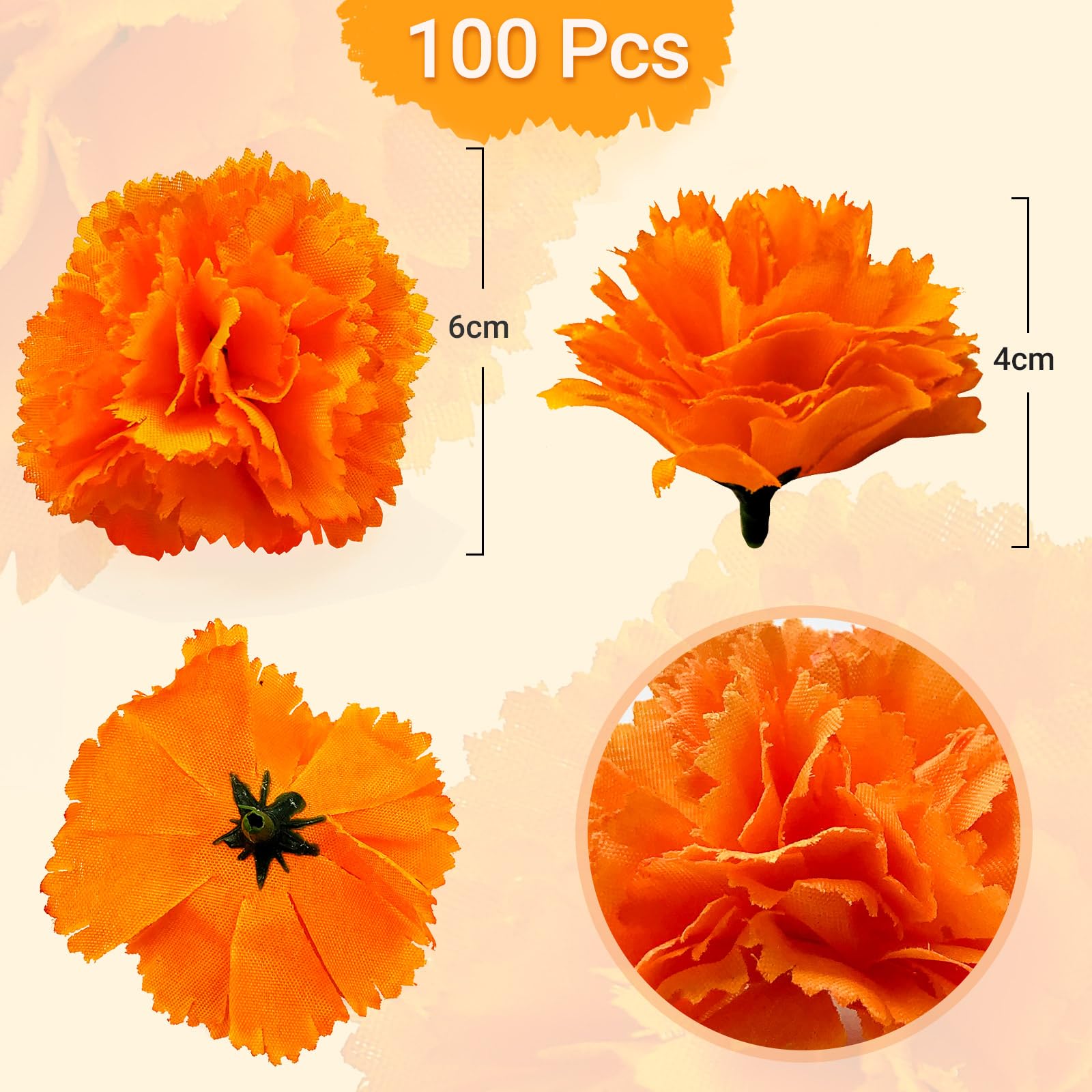 TRvancat Marigold Flowers Heads Bulk 100Pcs, Silk Artificial Flowers for DIY for Diwali,Indian Festival, DIY Marigold Garland Wedding Decor 6cm (100 Pcs)