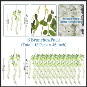 GPARK 12 Pack /45 inch /3.7ft Wisteria Hanging Artificial Flowers Fake Bushy Silk Vine Garland String for Wedding Party Garden Greenery Home Wall Deco Milk White