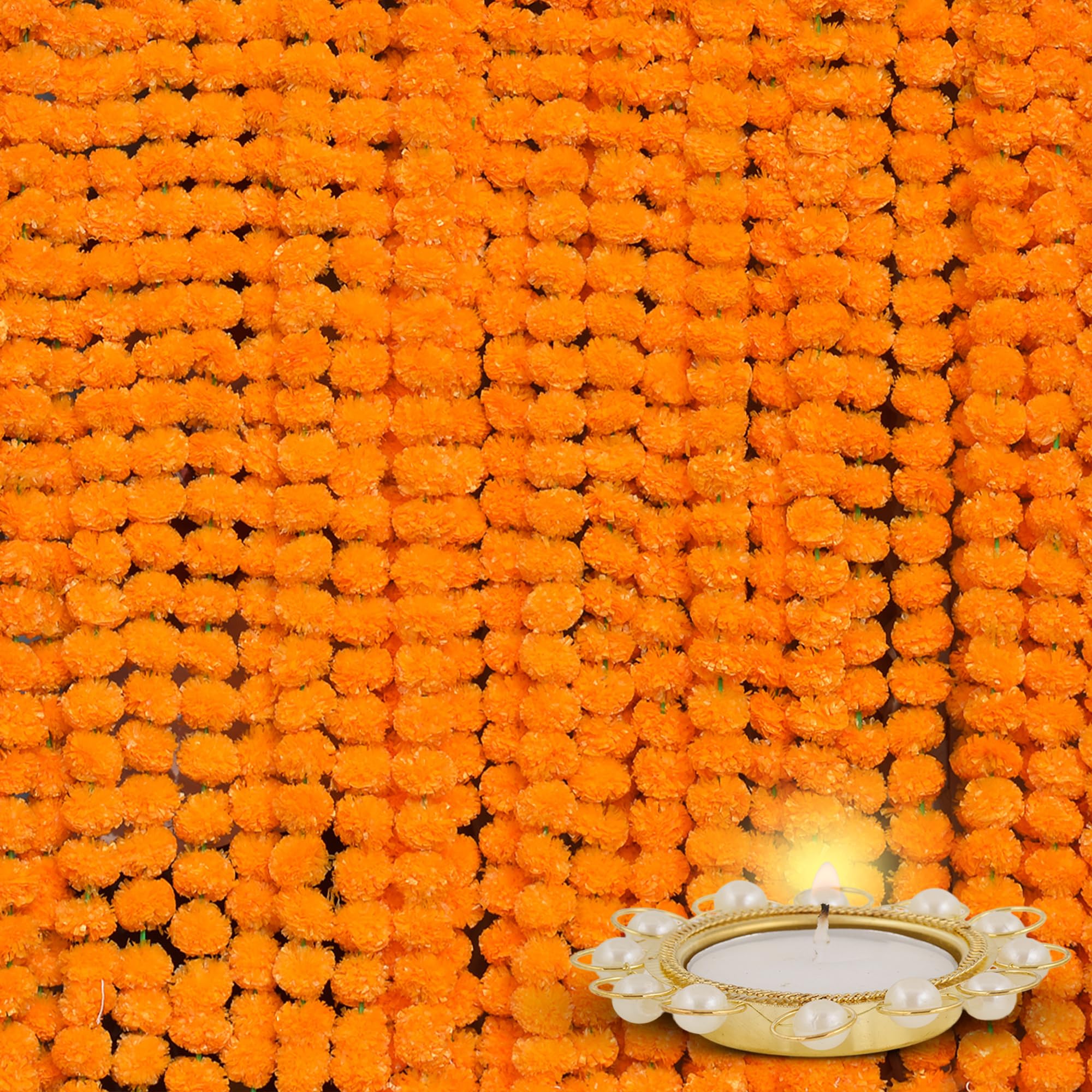 Marigold Garland for Decoration 5 Feet Indian Artificial Flowers for Diwali, Christmas, Party, Wedding Backdrop, Pooja & Cempasuchil Garlands Mexican Day of The Dead Halloween with 1 Diya (Orange 5)