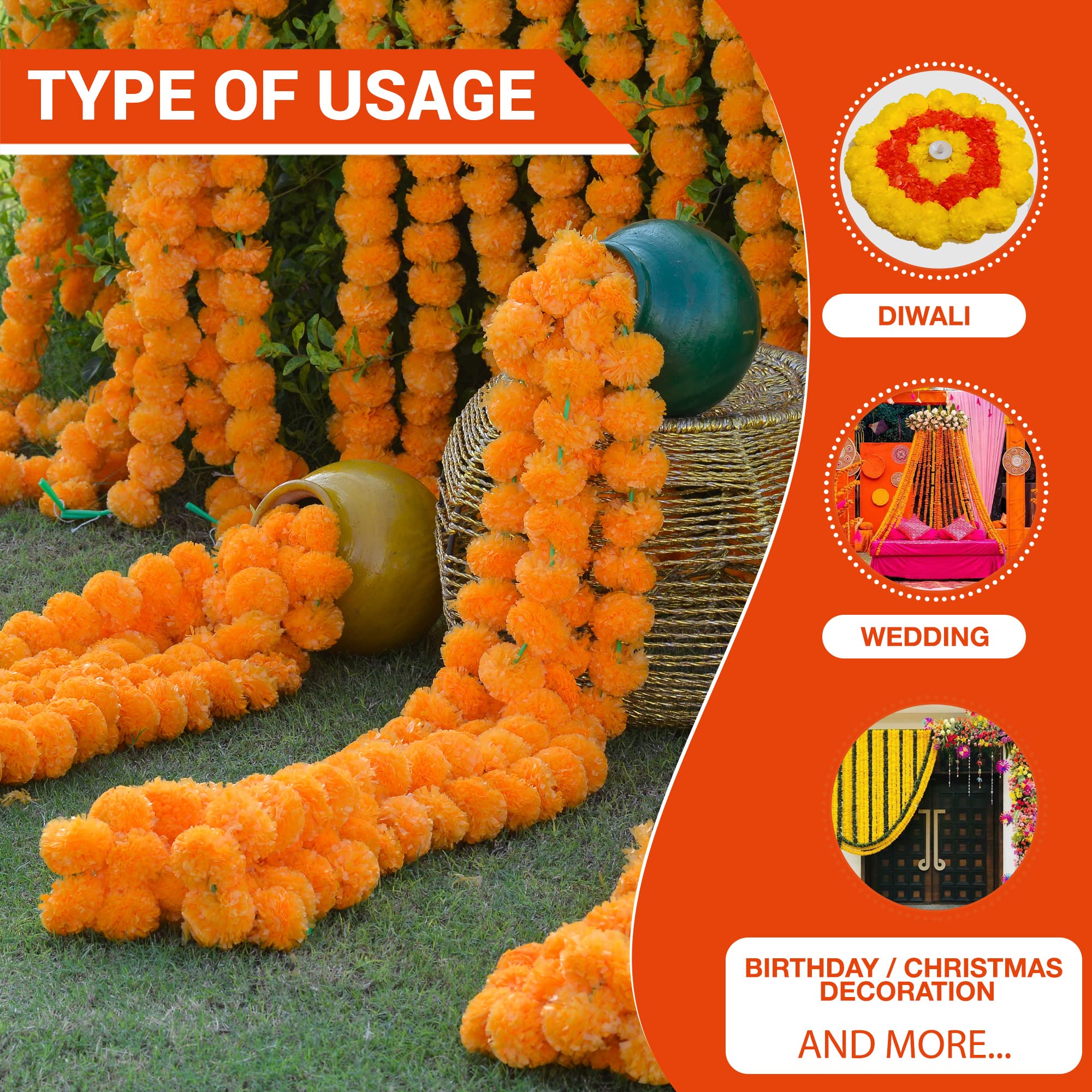 Marigold Garland for Decoration 5 Feet Indian Artificial Flowers for Diwali, Christmas, Party, Wedding Backdrop, Pooja & Cempasuchil Garlands Mexican Day of The Dead Halloween with 1 Diya (Orange 5)