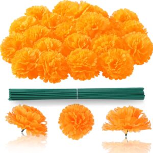 starryle marigold flowers 50pcs large silk artificial marigold flower heads for diwali festival indian wedding party day of the dead dia de los muertos ofrenda altar diy decor (orange, 3.54 inch)