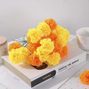 Starryle Marigold Flowers 50Pcs Large Silk Artificial Marigold Flower Heads for Diwali Festival Indian Wedding Party Day of The Dead Dia de Los Muertos ofrenda Altar DIY Decor (Orange, 3.54 inch)