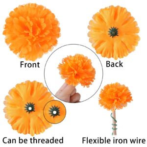 Starryle Marigold Flowers 50Pcs Large Silk Artificial Marigold Flower Heads for Diwali Festival Indian Wedding Party Day of The Dead Dia de Los Muertos ofrenda Altar DIY Decor (Orange, 3.54 inch)