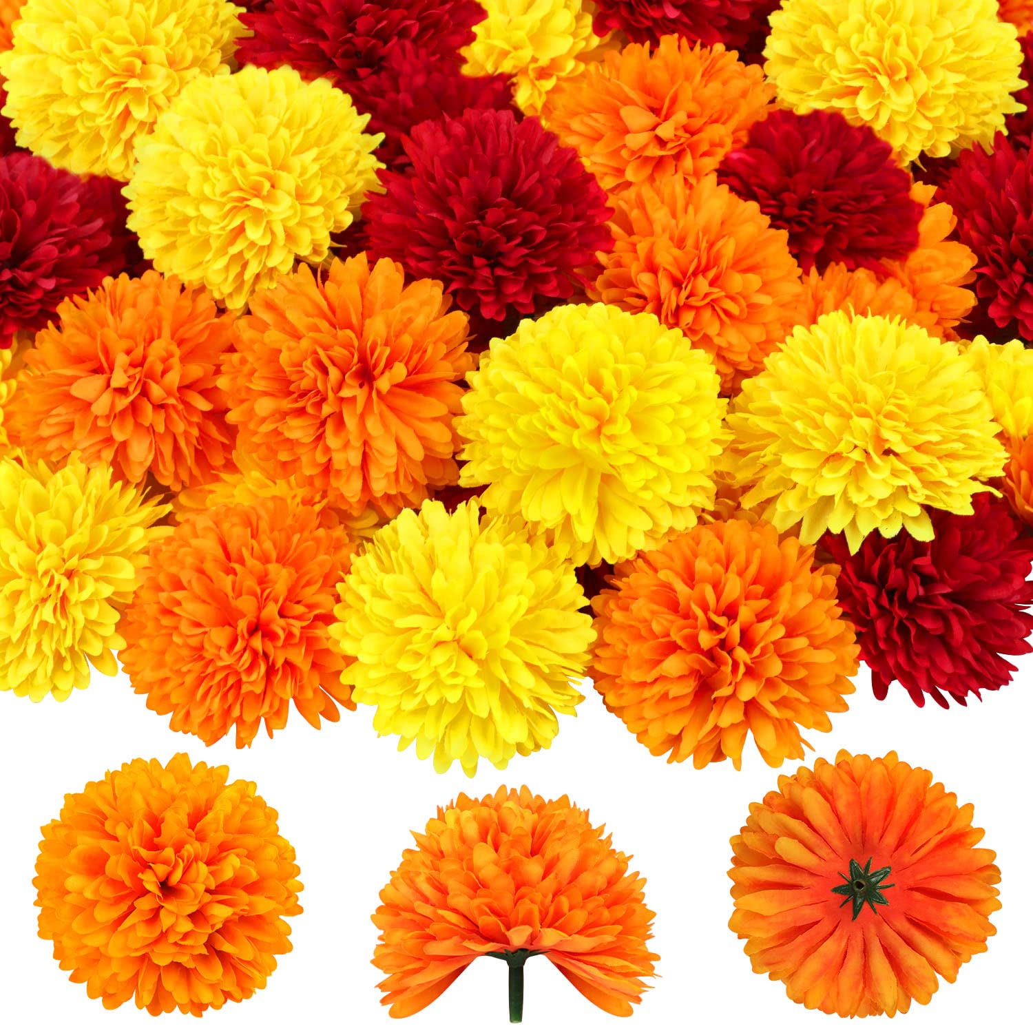 40Pcs 2.75'' Marigold Flowers Heads Bulk, Silk Marigold Artificial Flowers for Diwali Home Decor DIY Wreath Garland Craft Baby Shower Wedding Mexican Party Decoration Halloween New Year Decor（Mix-1）