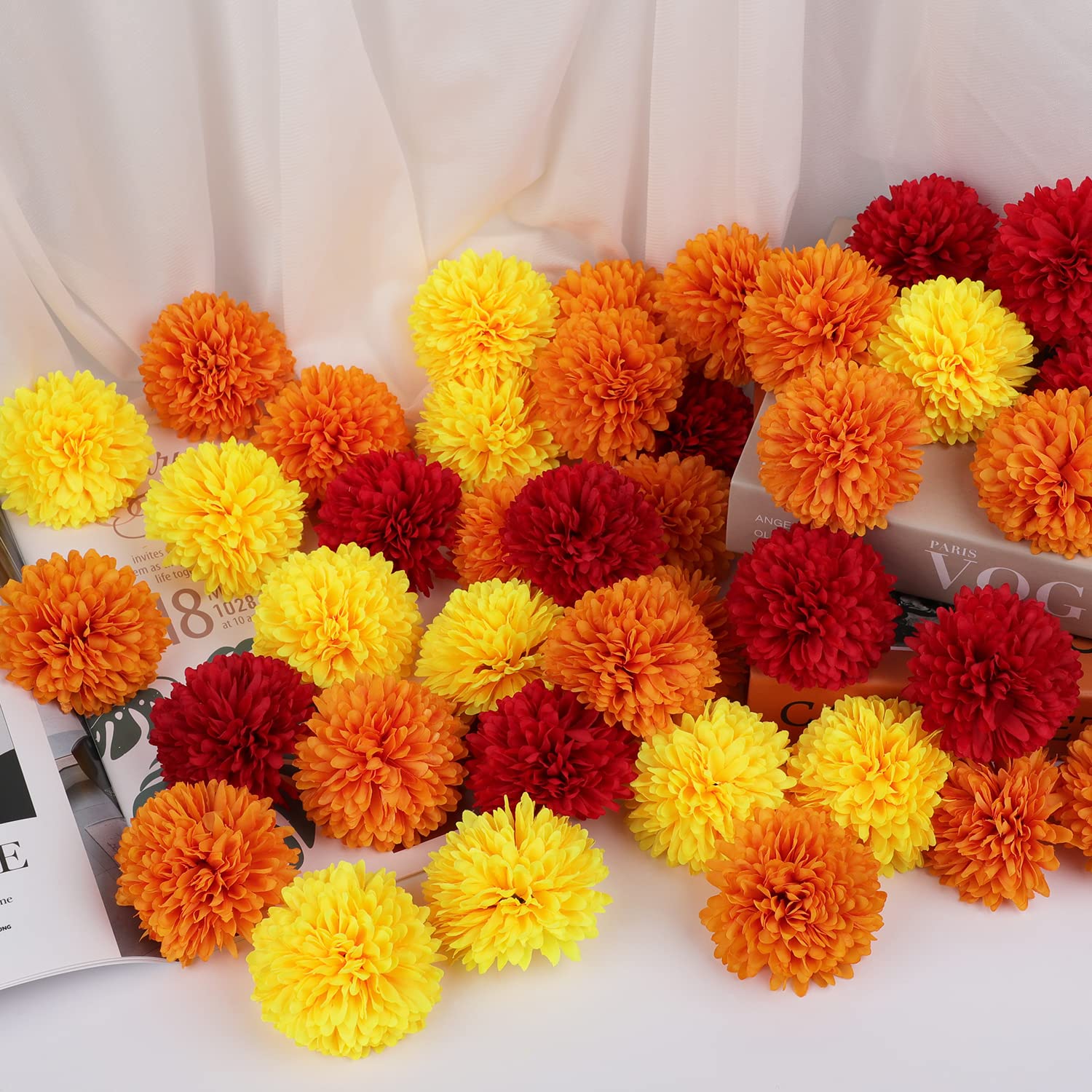 40Pcs 2.75'' Marigold Flowers Heads Bulk, Silk Marigold Artificial Flowers for Diwali Home Decor DIY Wreath Garland Craft Baby Shower Wedding Mexican Party Decoration Halloween New Year Decor（Mix-1）