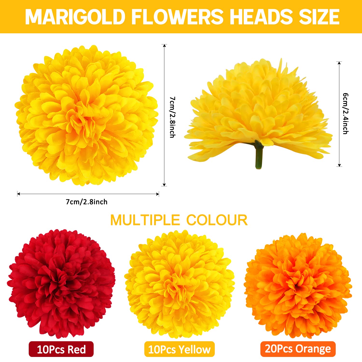 40Pcs 2.75'' Marigold Flowers Heads Bulk, Silk Marigold Artificial Flowers for Diwali Home Decor DIY Wreath Garland Craft Baby Shower Wedding Mexican Party Decoration Halloween New Year Decor（Mix-1）