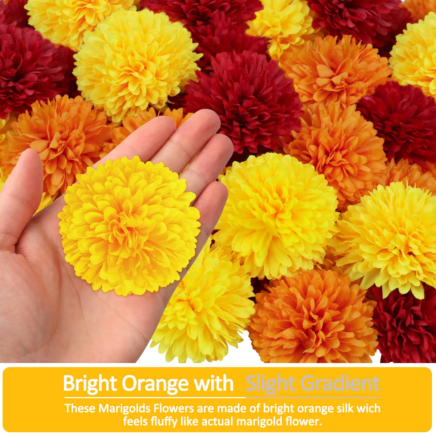 40Pcs 2.75'' Marigold Flowers Heads Bulk, Silk Marigold Artificial Flowers for Diwali Home Decor DIY Wreath Garland Craft Baby Shower Wedding Mexican Party Decoration Halloween New Year Decor（Mix-1）