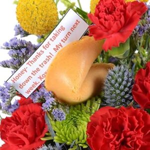 Birthday Blast Fresh Cut Live Flowers Arranged in a Takeout Container with your Personal Message Tucked Inside a Fortune Cookie