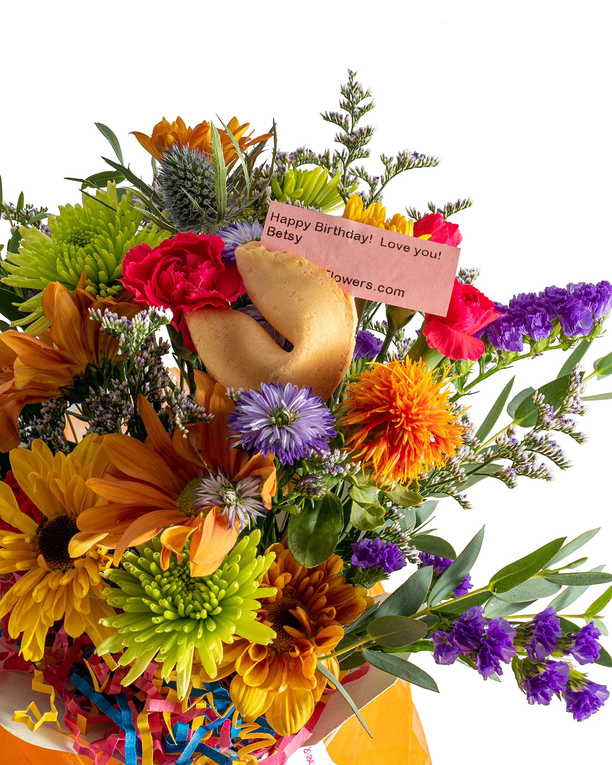 Birthday Blast Fresh Cut Live Flowers Arranged in a Takeout Container with your Personal Message Tucked Inside a Fortune Cookie