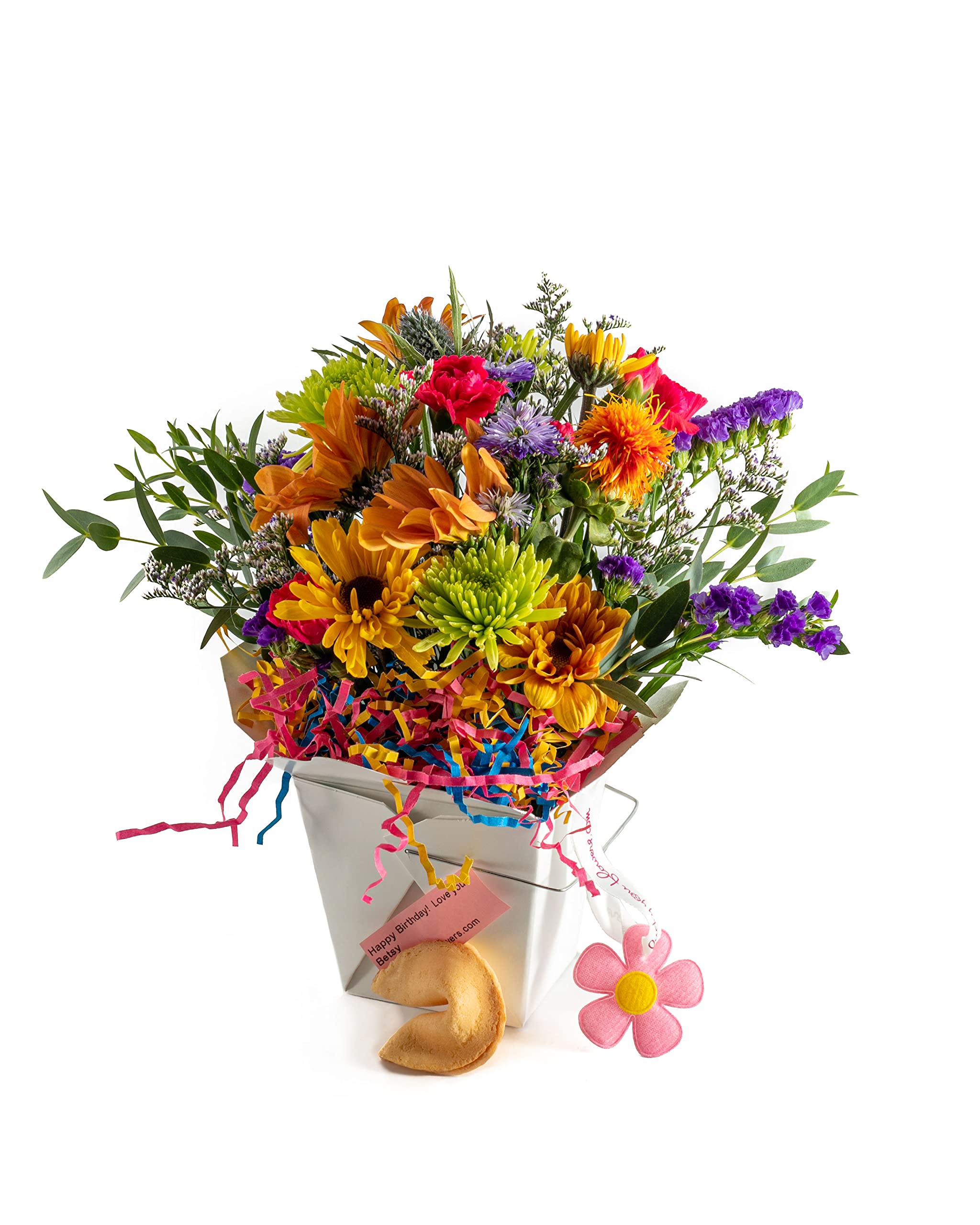 Birthday Blast Fresh Cut Live Flowers Arranged in a Takeout Container with your Personal Message Tucked Inside a Fortune Cookie