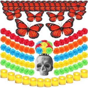 tigeen 140 pcs day of the dead decorations include 100 pcs marigold flowers 20 pcs butterfly 20 pcs flameless votive candles mexican dia de los muertos decor party supplies (assorted color)