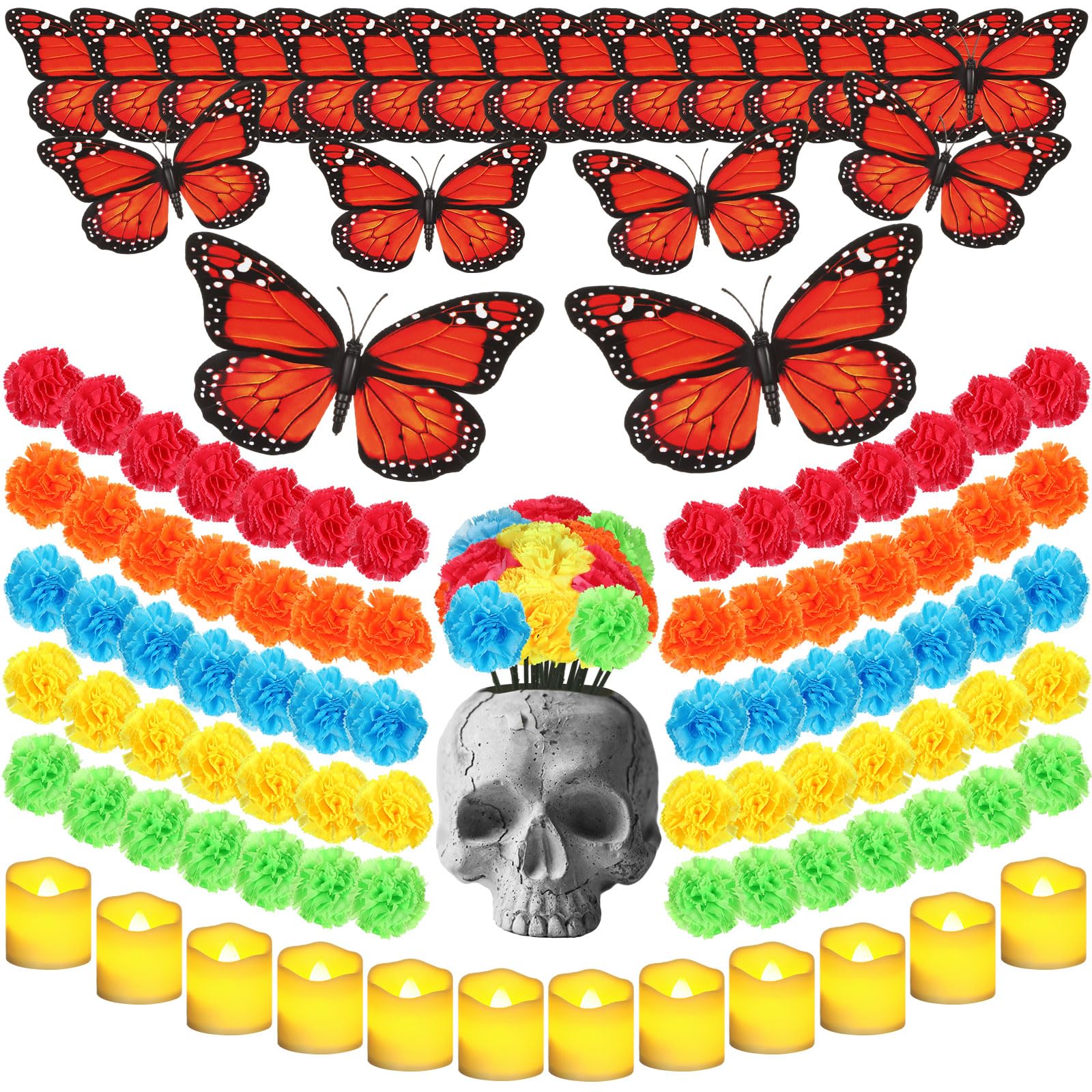 Tigeen 140 Pcs Day of The Dead Decorations Include 100 Pcs Marigold Flowers 20 Pcs Butterfly 20 Pcs Flameless Votive Candles Mexican Dia De Los Muertos Decor Party Supplies (Assorted Color)