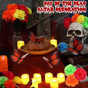 Tigeen 140 Pcs Day of The Dead Decorations Include 100 Pcs Marigold Flowers 20 Pcs Butterfly 20 Pcs Flameless Votive Candles Mexican Dia De Los Muertos Decor Party Supplies (Assorted Color)