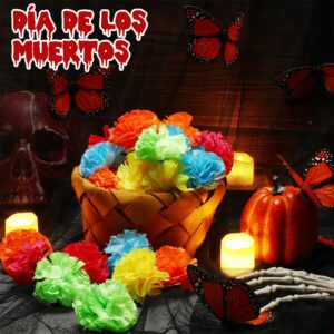 Tigeen 140 Pcs Day of The Dead Decorations Include 100 Pcs Marigold Flowers 20 Pcs Butterfly 20 Pcs Flameless Votive Candles Mexican Dia De Los Muertos Decor Party Supplies (Assorted Color)