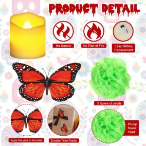 Tigeen 140 Pcs Day of The Dead Decorations Include 100 Pcs Marigold Flowers 20 Pcs Butterfly 20 Pcs Flameless Votive Candles Mexican Dia De Los Muertos Decor Party Supplies (Assorted Color)