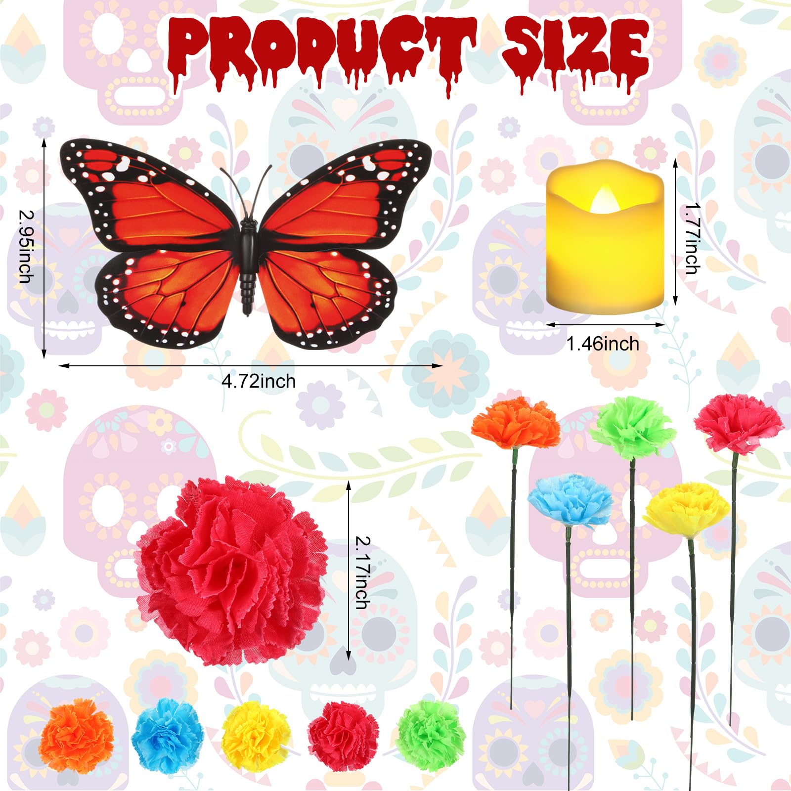 Tigeen 140 Pcs Day of The Dead Decorations Include 100 Pcs Marigold Flowers 20 Pcs Butterfly 20 Pcs Flameless Votive Candles Mexican Dia De Los Muertos Decor Party Supplies (Assorted Color)